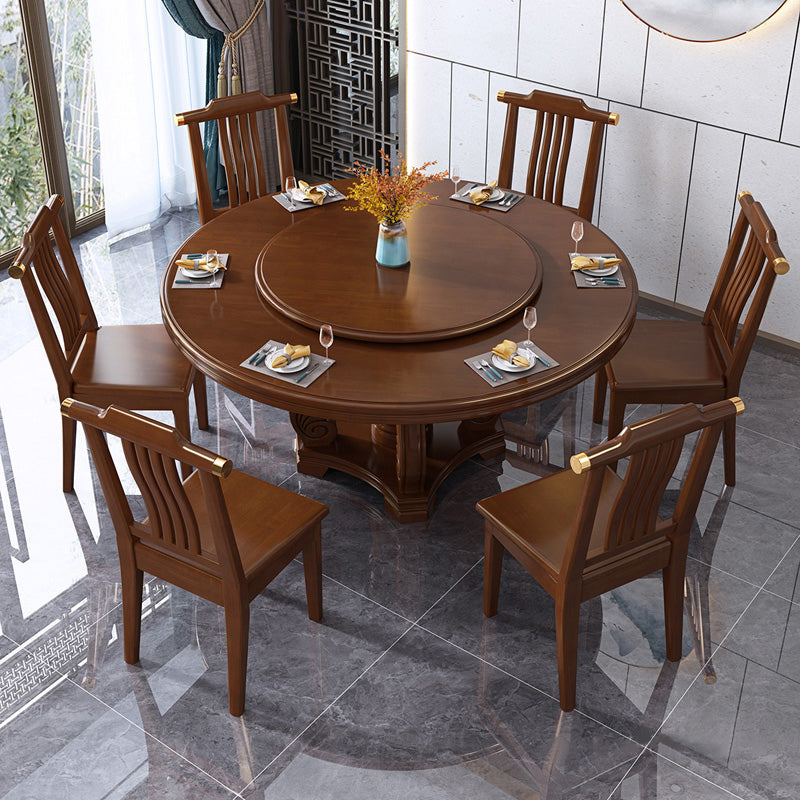 Round Solid Wood Dining Table Modern Turntable Furniture with Pedestal Base