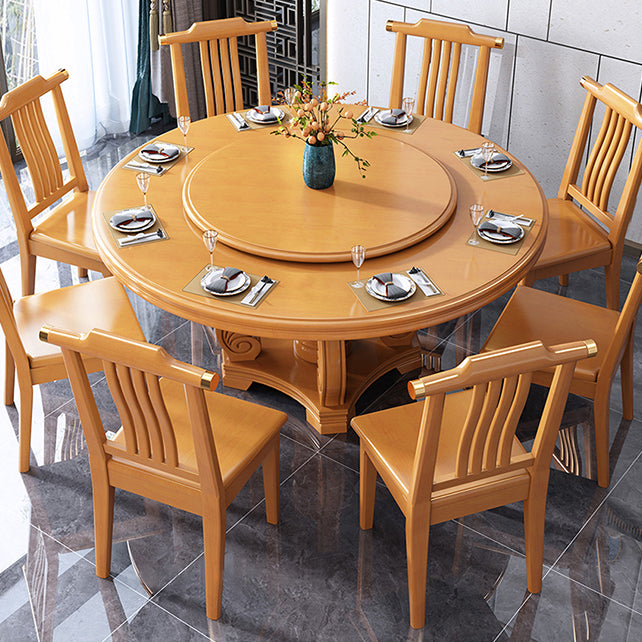 Round Solid Wood Dining Table Modern Turntable Furniture with Pedestal Base