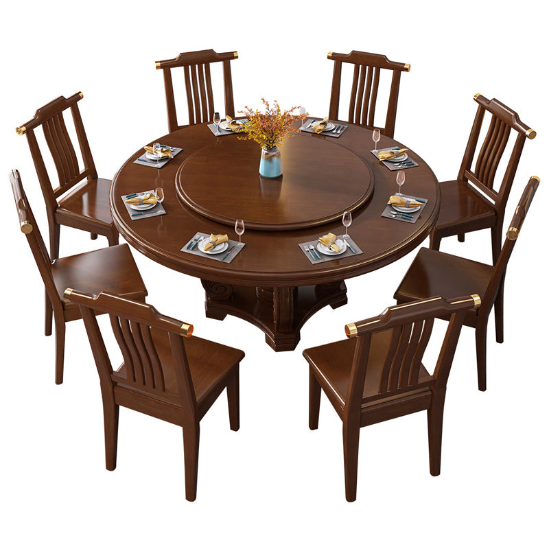 Round Solid Wood Dining Table Modern Turntable Furniture with Pedestal Base