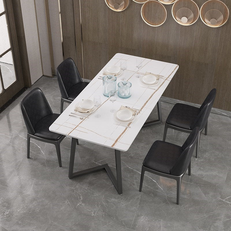 Modern Rectangle Stone Table for Restaurant Balck Metal Pedestal Dining Table