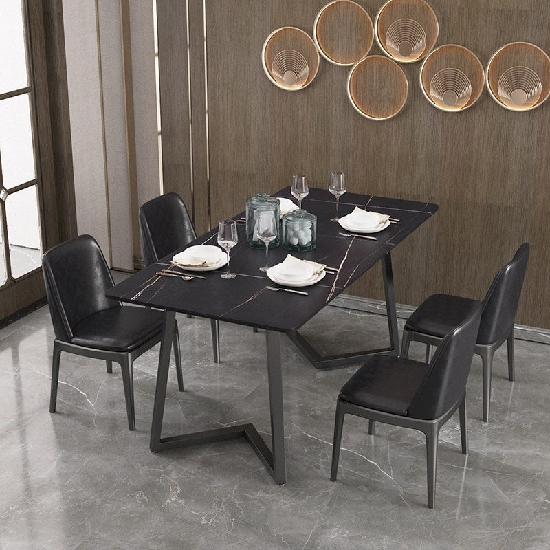 Modern Rectangle Stone Table for Restaurant Balck Metal Pedestal Dining Table