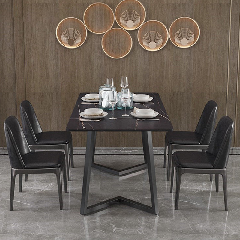 Modern Rectangle Stone Table for Restaurant Balck Metal Pedestal Dining Table