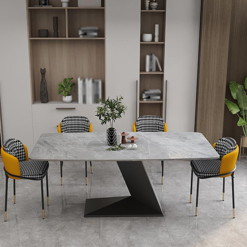 Stone Top Rectangle Dinner Table Modern Iron Pedestal Casual Dining Table