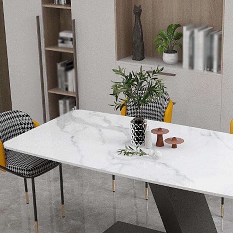 Stone Top Rectangle Dinner Table Modern Iron Pedestal Casual Dining Table