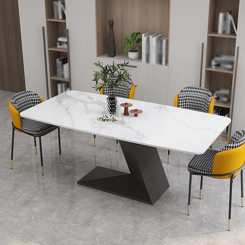 Stone Top Rectangle Dinner Table Modern Iron Pedestal Casual Dining Table