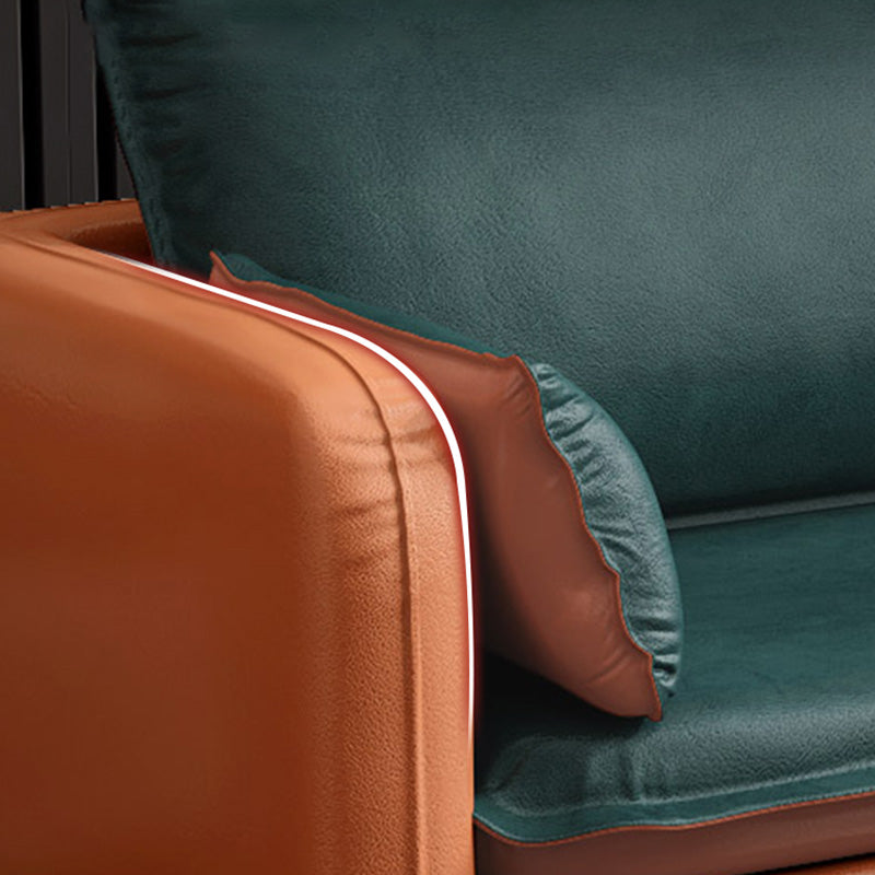 Mid-Century Modern Standard Sofa Faux Leather Square Arm Couch with Pillows