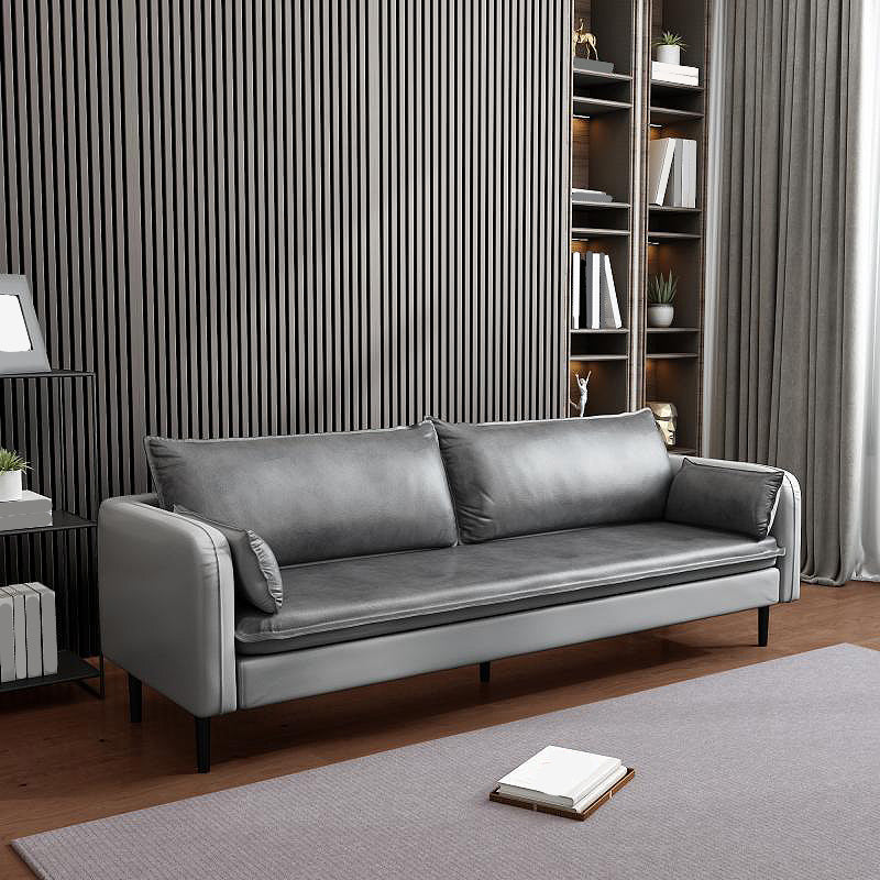Mid-Century Modern Standard Sofa Faux Leather Square Arm Couch with Pillows