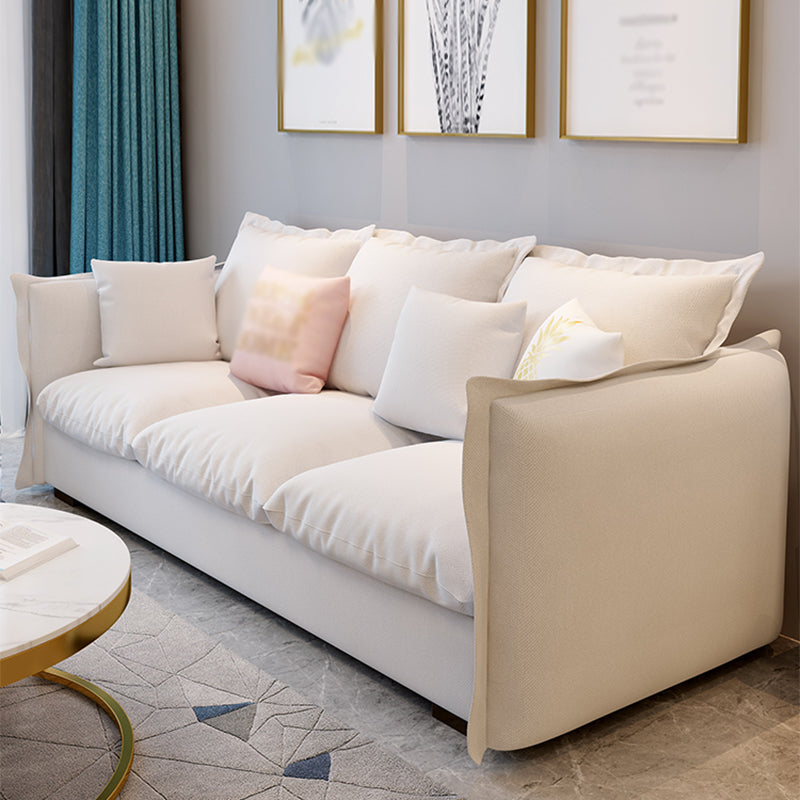 Cotton Blend/ Faux Leather Sofa Off-White Square Arm Couch with Pillows