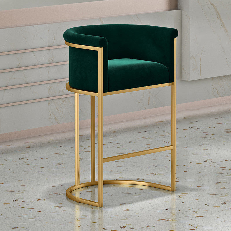 Glam Backrest Armrest Counter Stool Iron Cafe Bar Stool with Velvet Cushion and Pedal