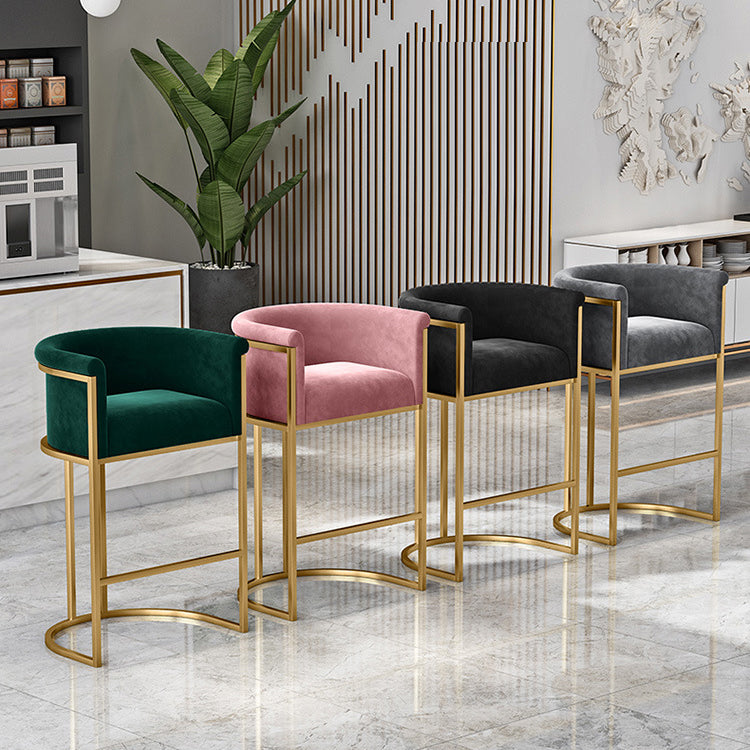 Glam Backrest Armrest Counter Stool Iron Cafe Bar Stool with Velvet Cushion and Pedal