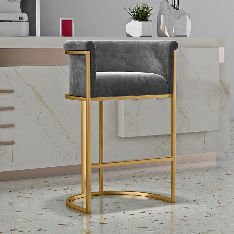 Glam Armrest Backrest Counter Stool Iron Cafe Bar Stool with Flannel Cushion and Pedal