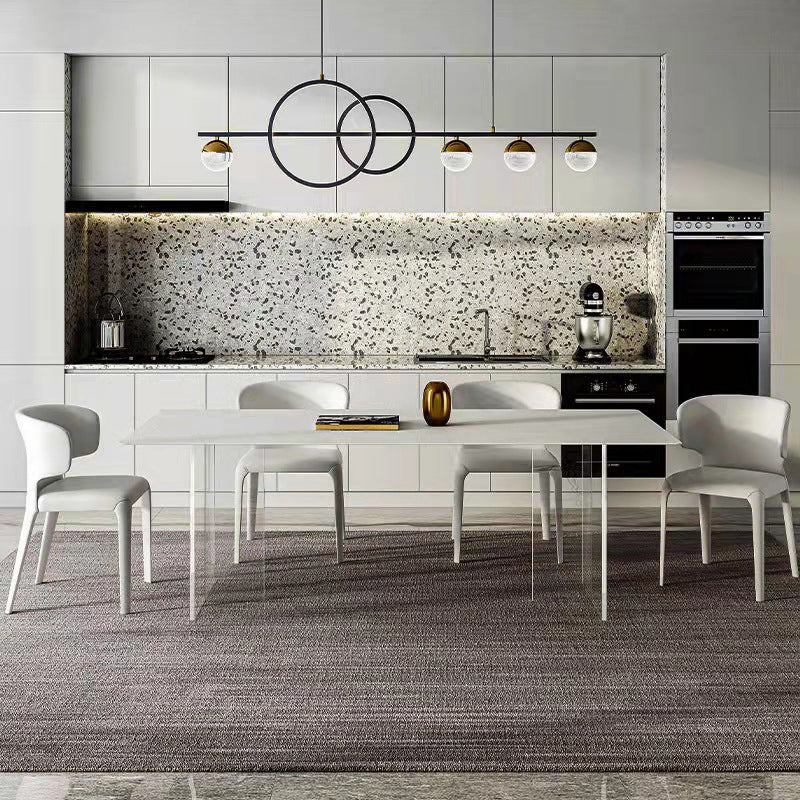 Modern White Dining Room Table Rectangle Acrylic and Stone Double Pedestal Table