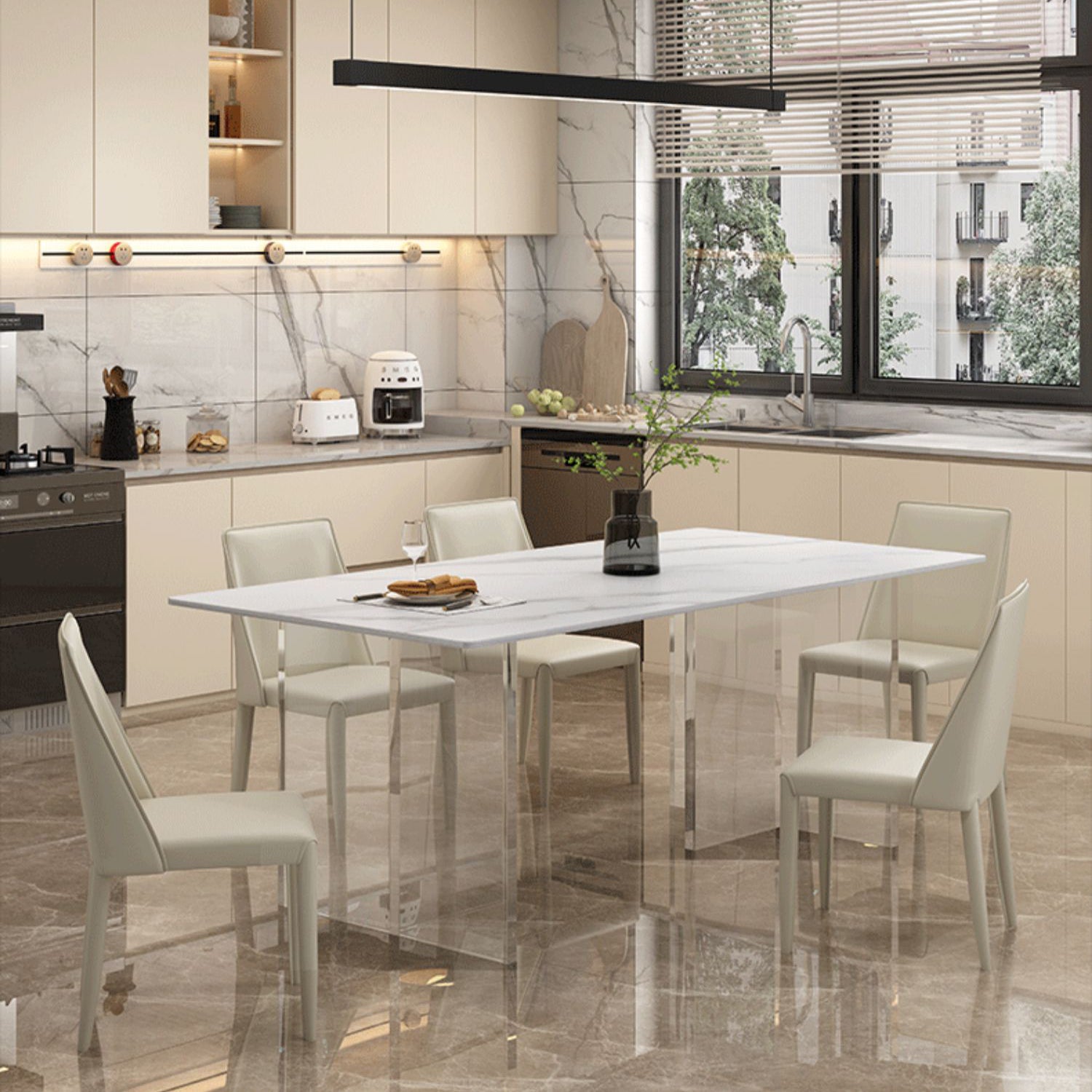 Modern White Dining Room Table Rectangle Acrylic and Stone Double Pedestal Table