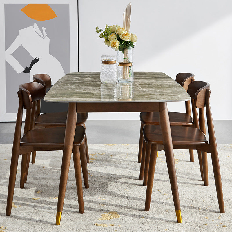 Solid Wood Contemporary Rectangular Dining Table Sintered Stone Top Table with Wood Legs