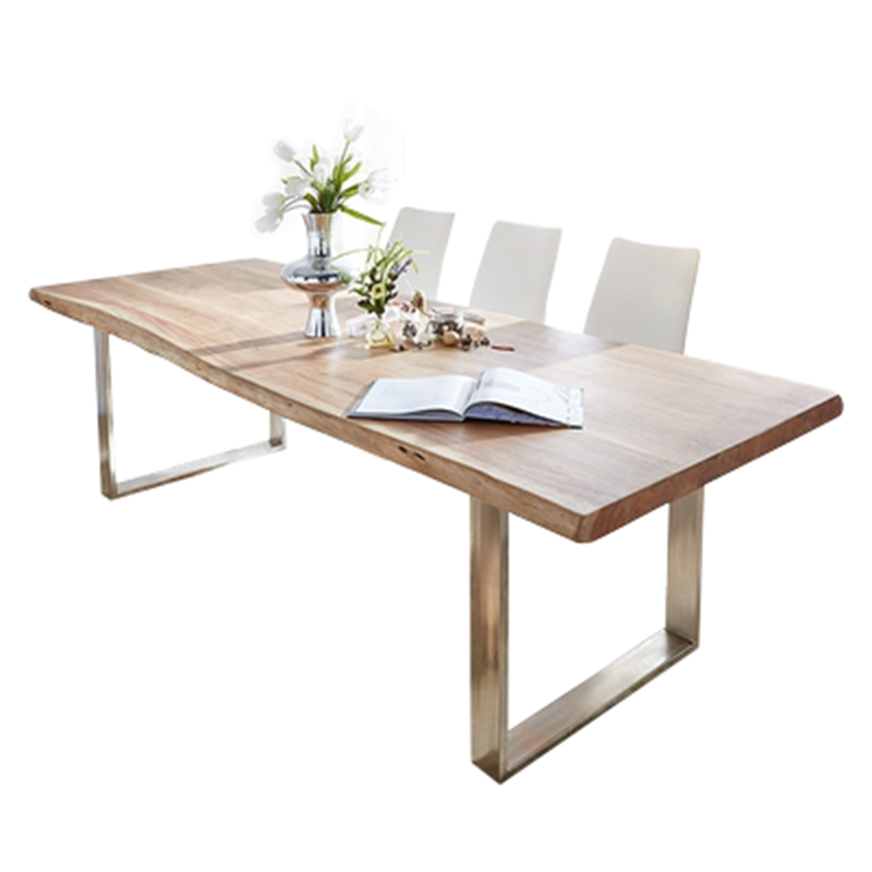 Modern Pine Wood Table for Restaurant Rectangle Dining Table with Silver Double Pedestal