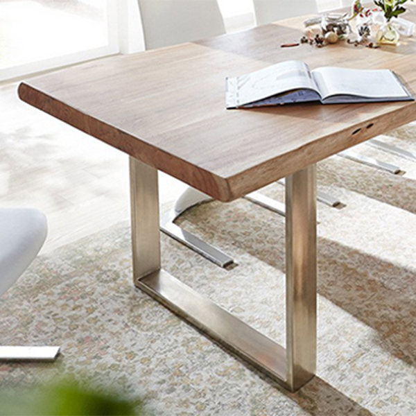 Modern Pine Wood Table for Restaurant Rectangle Dining Table with Silver Double Pedestal