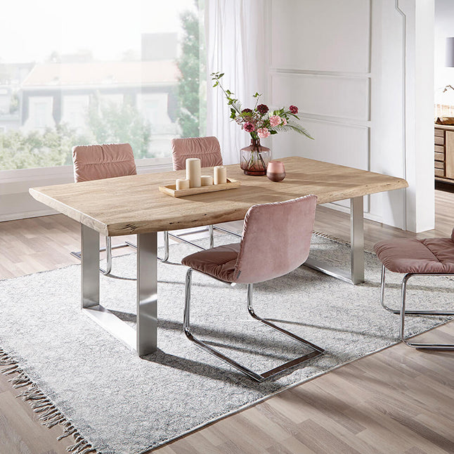 Modern Pine Wood Table for Restaurant Rectangle Dining Table with Silver Double Pedestal