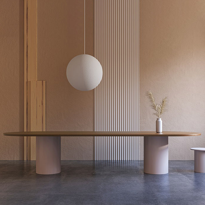 Contemporary Wood Top Oval Dinette Table White Base Dining Table for Living Room