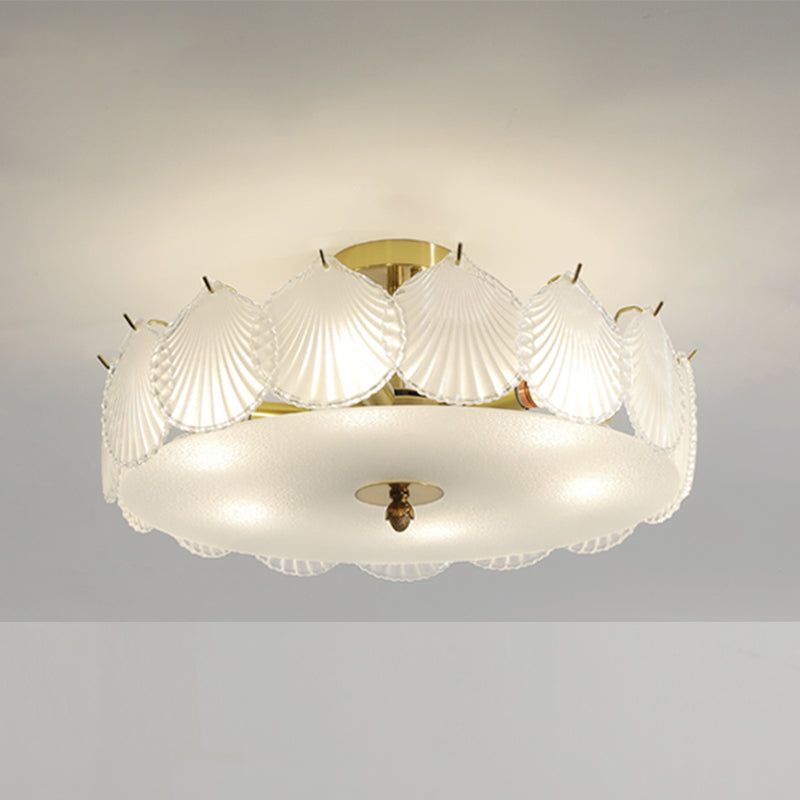 Gold Metal Semi Flush Mount Light Fixture Traditional Drum Bedroom Semi Flush Lamps with Glass Shade