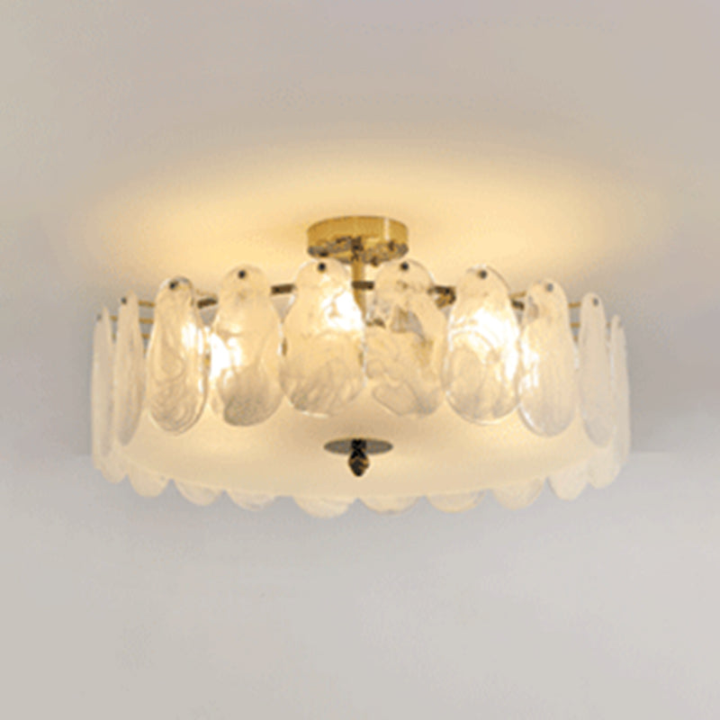 Gold Metal Semi Flush Mount Light Fixture Traditional Drum Bedroom Semi Flush Lamps with Glass Shade