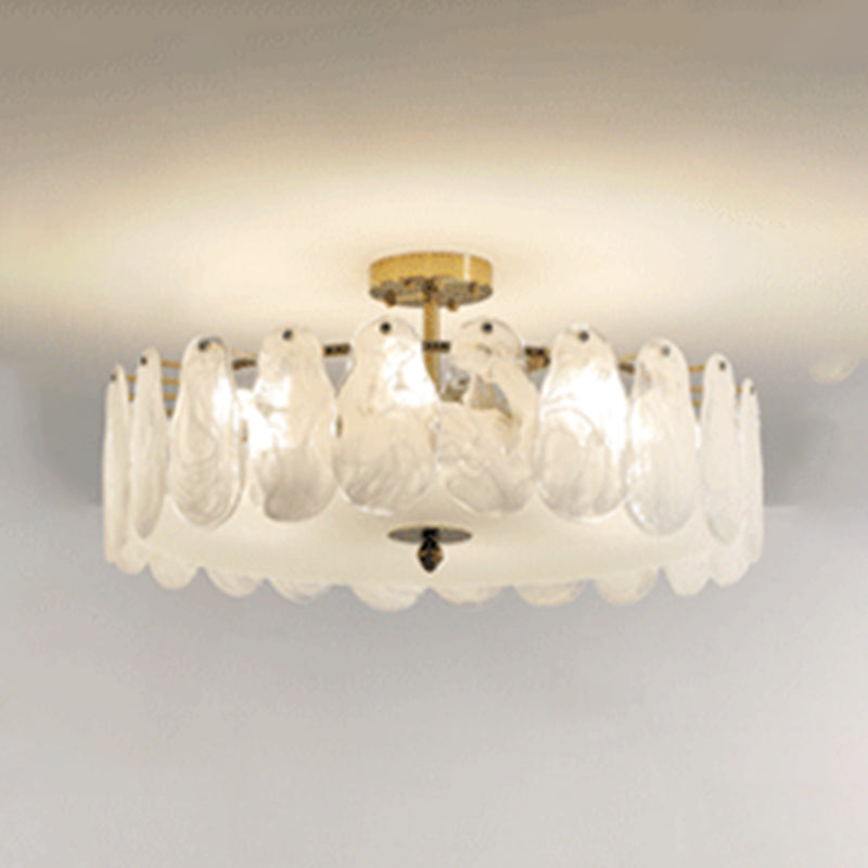 Gold Metal Semi Flush Mount Light Fixture Traditional Drum Bedroom Semi Flush Lamps with Glass Shade