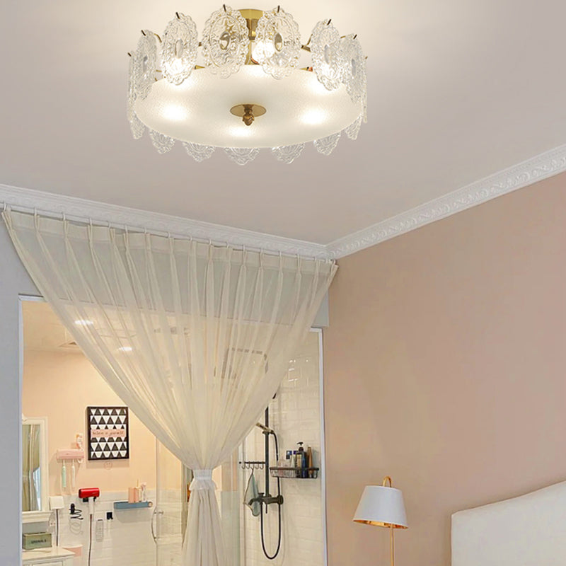 Gold Metal Semi Flush Mount Light Fixture Traditional Drum Bedroom Semi Flush Lamps with Glass Shade