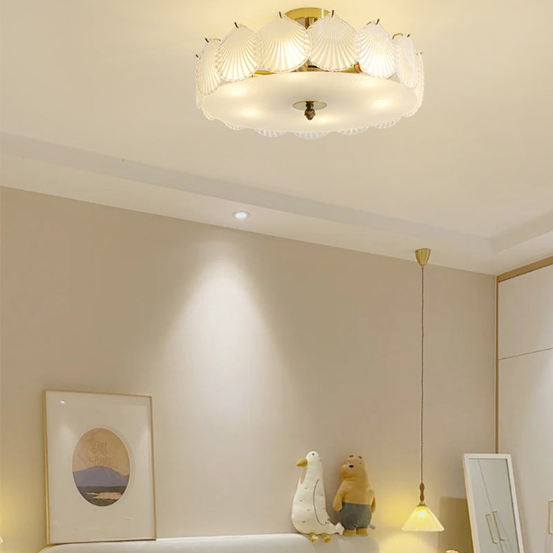 Gold Metal Semi Flush Mount Light Fixture Traditional Drum Bedroom Semi Flush Lamps with Glass Shade