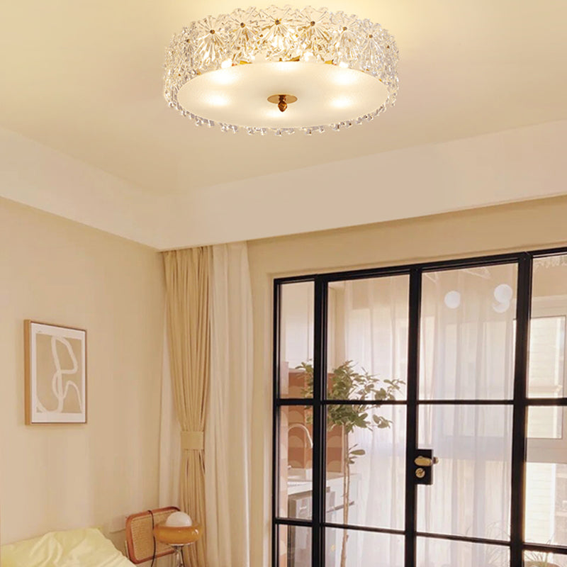 Gold Metal Semi Flush Mount Light Fixture Traditional Drum Bedroom Semi Flush Lamps with Glass Shade