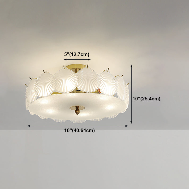 Gold Metal Semi Flush Mount Light Fixture Traditional Drum Bedroom Semi Flush Lamps with Glass Shade