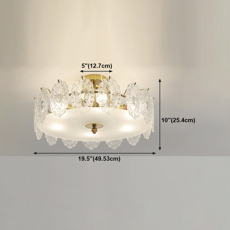 Gold Metal Semi Flush Mount Light Fixture Traditional Drum Bedroom Semi Flush Lamps with Glass Shade