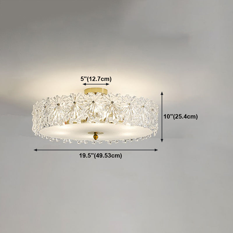 Gold Metal Semi Flush Mount Light Fixture Traditional Drum Bedroom Semi Flush Lamps with Glass Shade