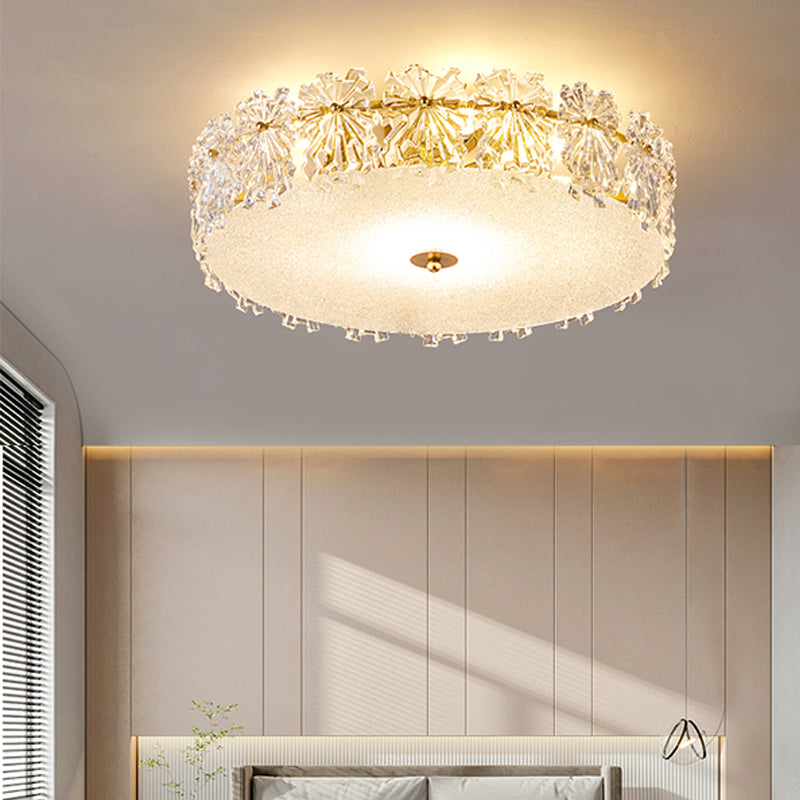 Gold Metal Flush Mount Light Fixtures Traditional Drum Semi Flush Ceiling Lamps with Glass Shade