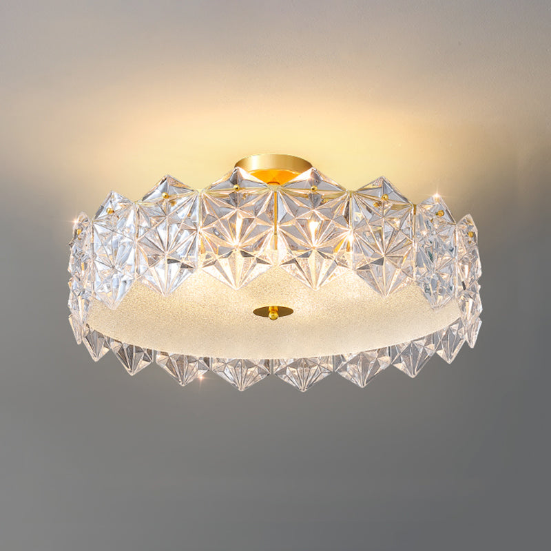 Gold Metal Flush Mount Light Fixtures Traditional Drum Semi Flush Ceiling Lamps with Glass Shade