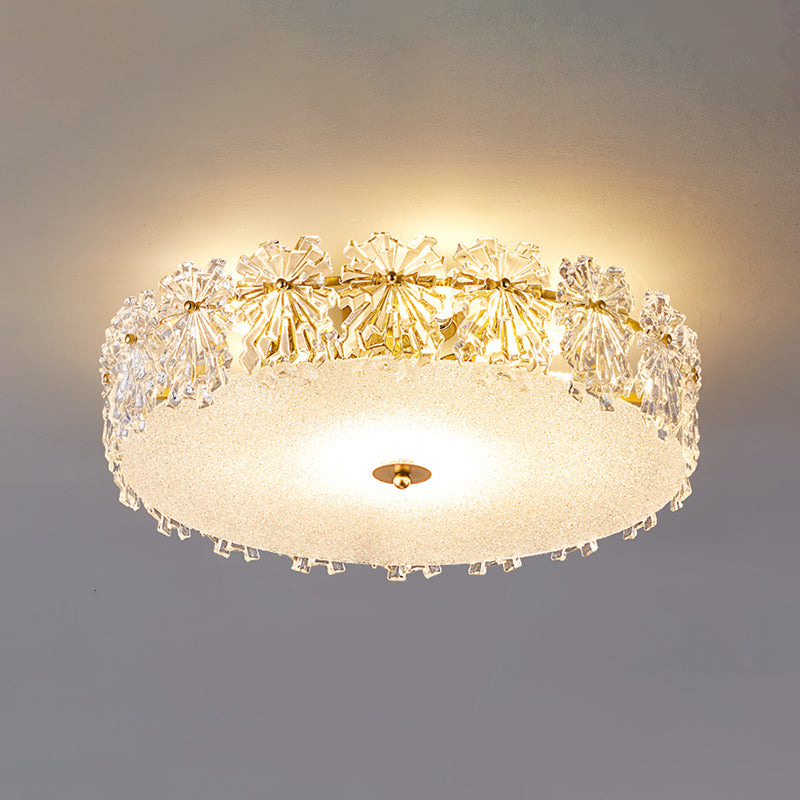 Gold Metal Flush Mount Light Fixtures Traditional Drum Semi Flush Ceiling Lamps with Glass Shade