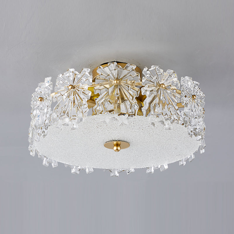 Gold Metal Flush Mount Light Fixtures Traditional Drum Semi Flush Ceiling Lamps with Glass Shade
