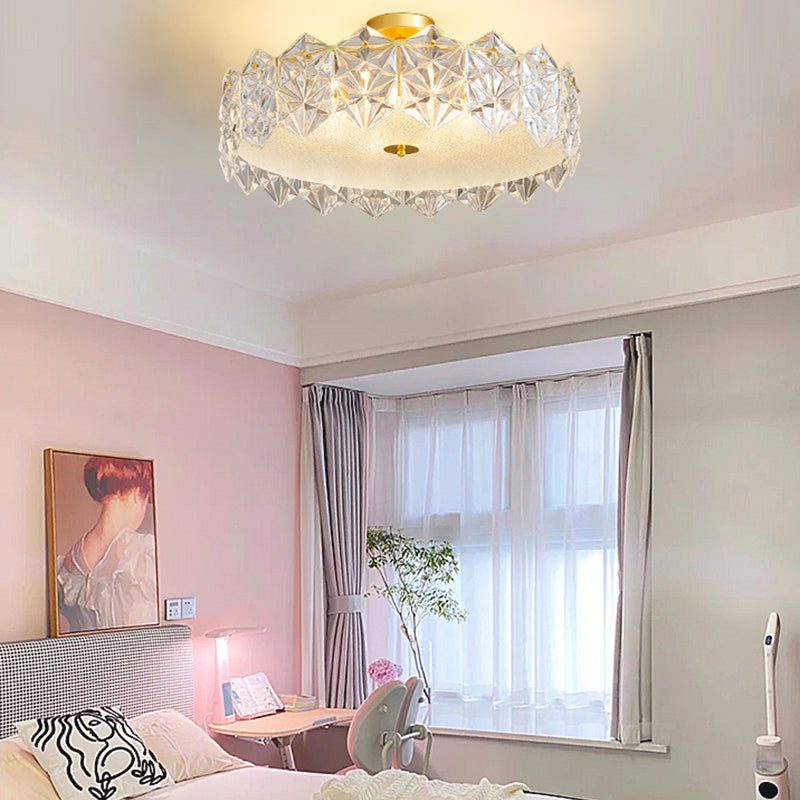 Gold Metal Flush Mount Light Fixtures Traditional Drum Semi Flush Ceiling Lamps with Glass Shade