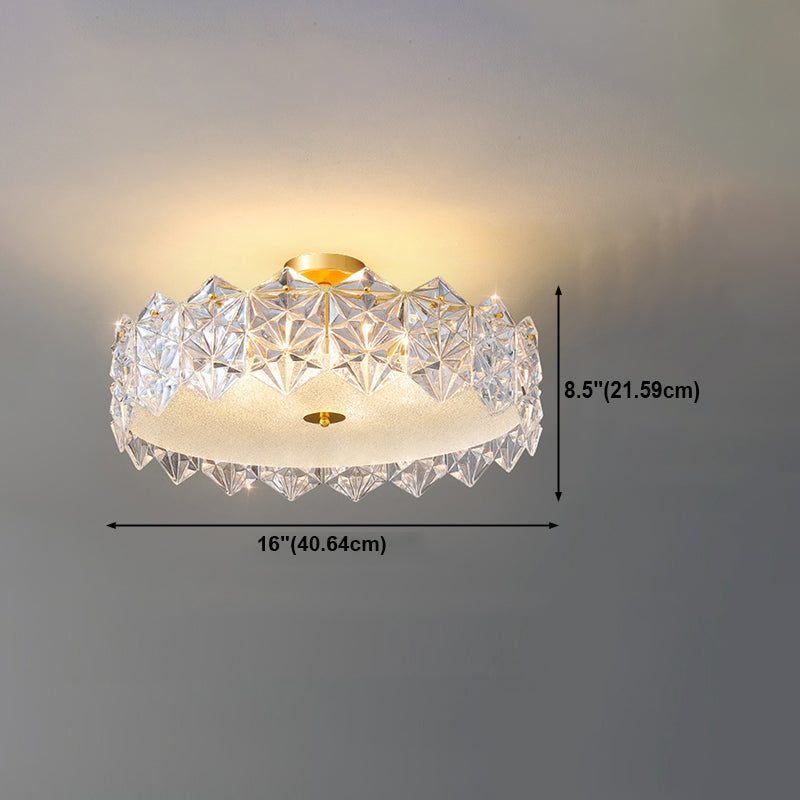 Gold Metal Flush Mount Light Fixtures Traditional Drum Semi Flush Ceiling Lamps with Glass Shade