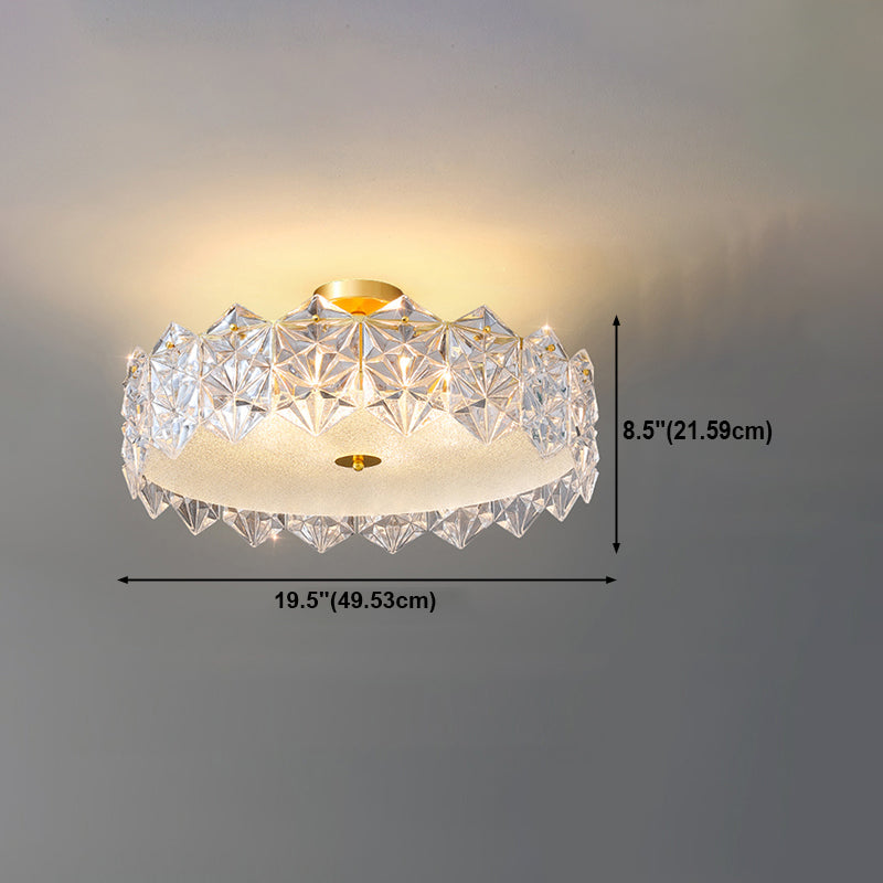 Gold Metal Flush Mount Light Fixtures Traditional Drum Semi Flush Ceiling Lamps with Glass Shade