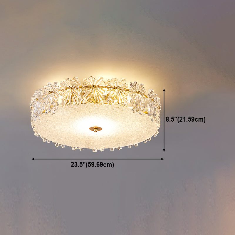 Gold Metal Flush Mount Light Fixtures Traditional Drum Semi Flush Ceiling Lamps with Glass Shade
