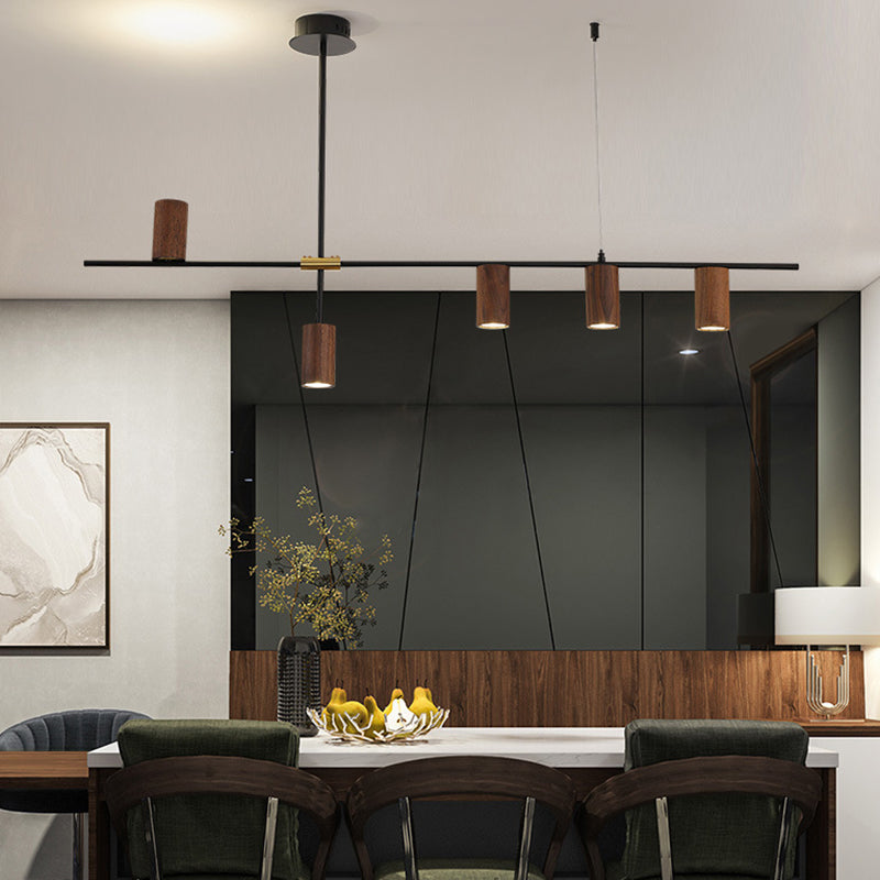 Modern Metal Island Lights Multi-Head Restaurant Hanging Lamp with Cylinder Walnut Shade