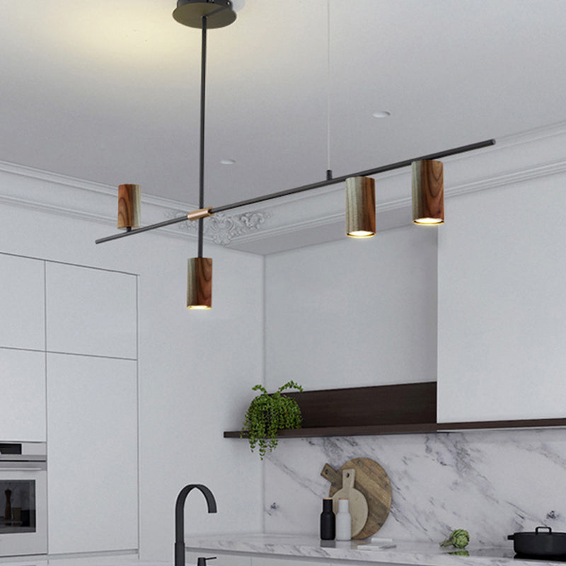 Modern Metal Island Lights Multi-Head Restaurant Hanging Lamp with Cylinder Walnut Shade