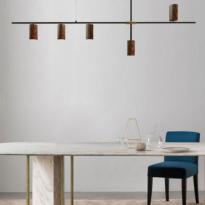 Modern Metal Island Lights Multi-Head Restaurant Hanging Lamp with Cylinder Walnut Shade
