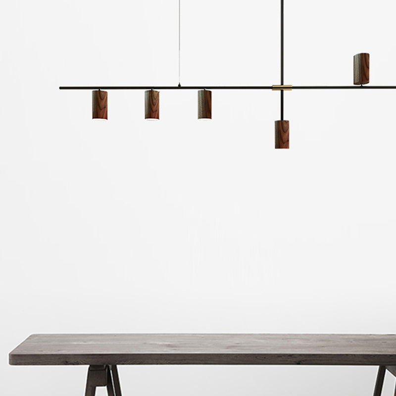 Modern Metal Island Lights Multi-Head Restaurant Hanging Lamp with Cylinder Walnut Shade