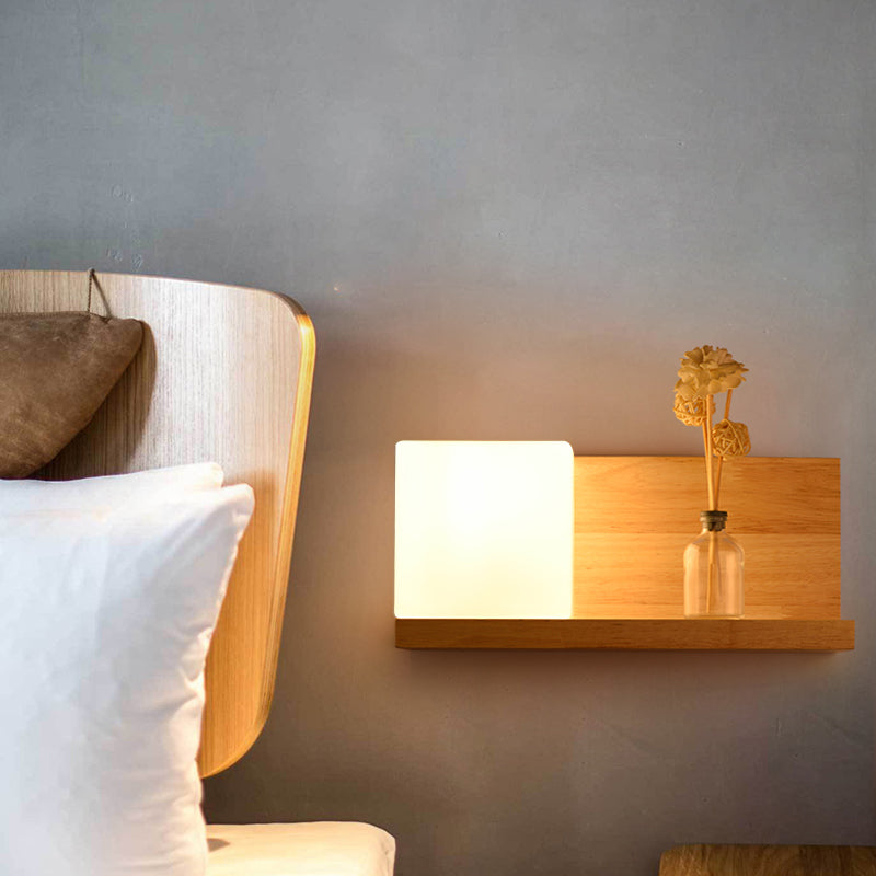 Nordic Style Wood Wall Light Geometric Shape Wall Sconce with Glass for Living Room