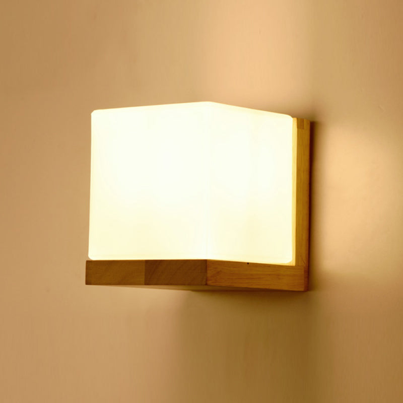 Nordic Style Wood Wall Light Geometric Shape Wall Sconce with Glass for Living Room