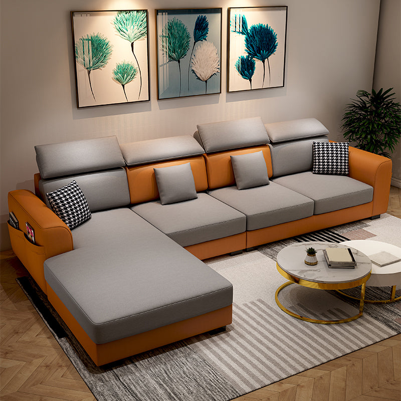Recessed Arm Storage Faux Leather Sectional Cushion Back Sofa and Chaise