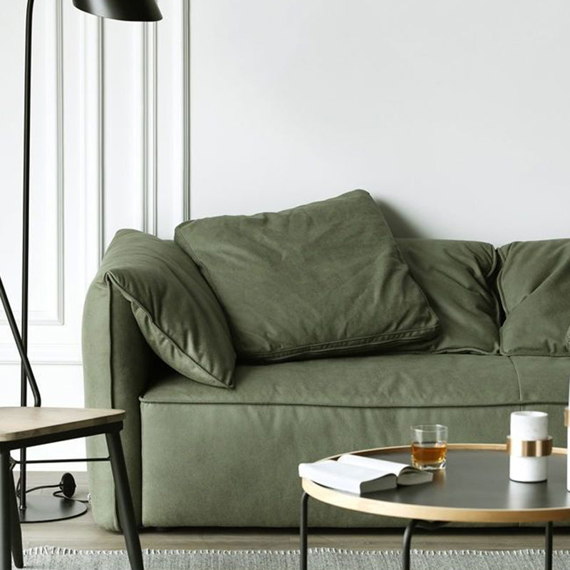 Living Room Faux Leather Settee Green Slipcovered Sofa with Pillow Top Arm