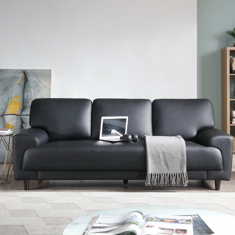 Contemporary Pillow Back Couch Leather Sofa with Solid Wood Legs