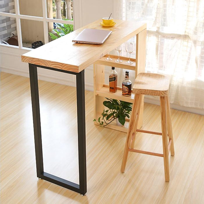 Industrial Pine Wood Bar Dining Table Rectangle Indoor Bistro Table with Shelf