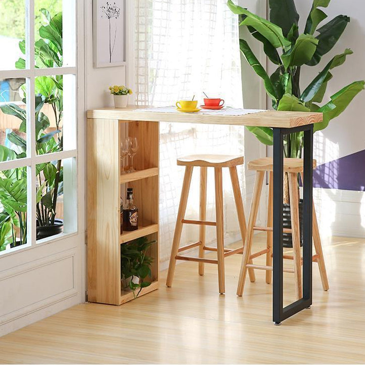 Industrial Pine Wood Bar Dining Table Rectangle Indoor Bistro Table with Shelf